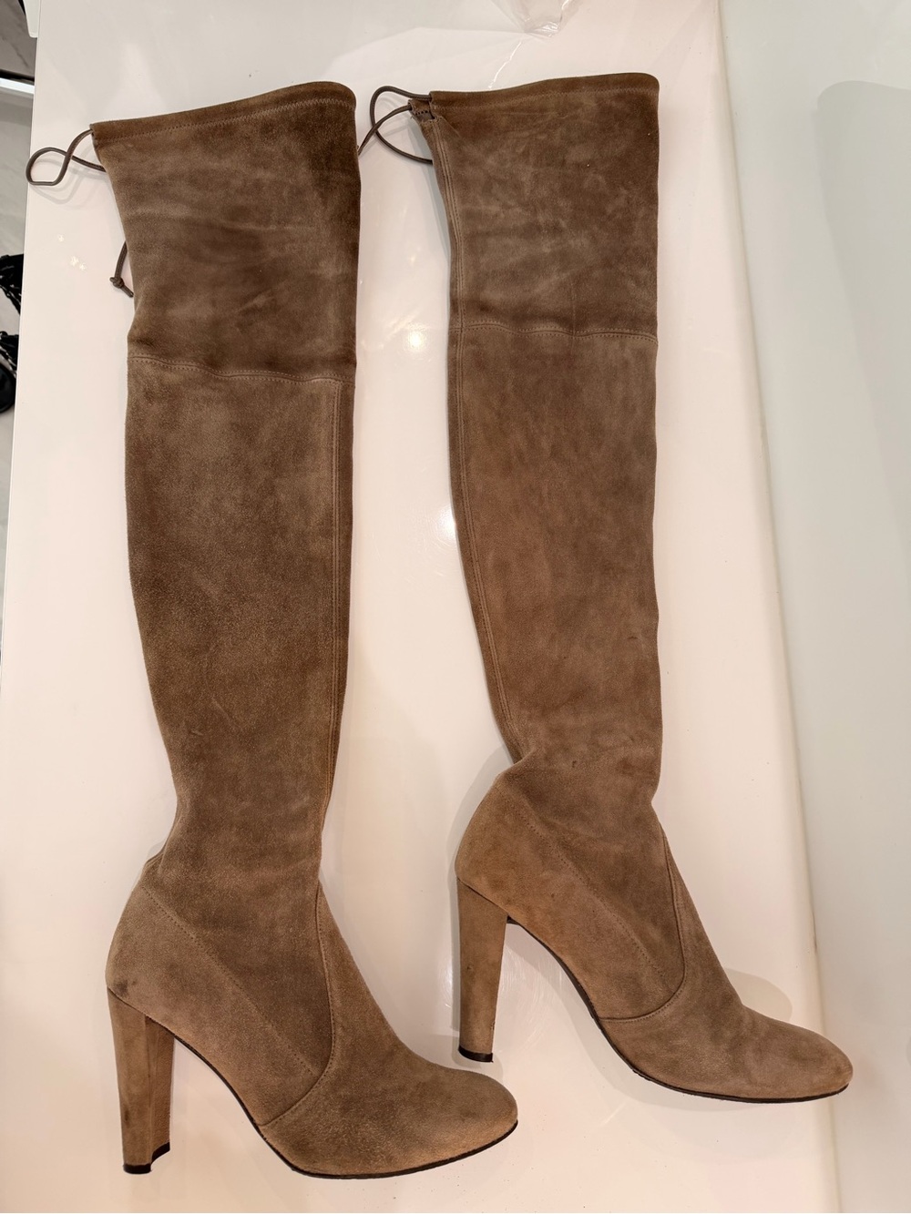 Stuart Weitzman Taupe Suede Over-the-Knee High Heel Boots